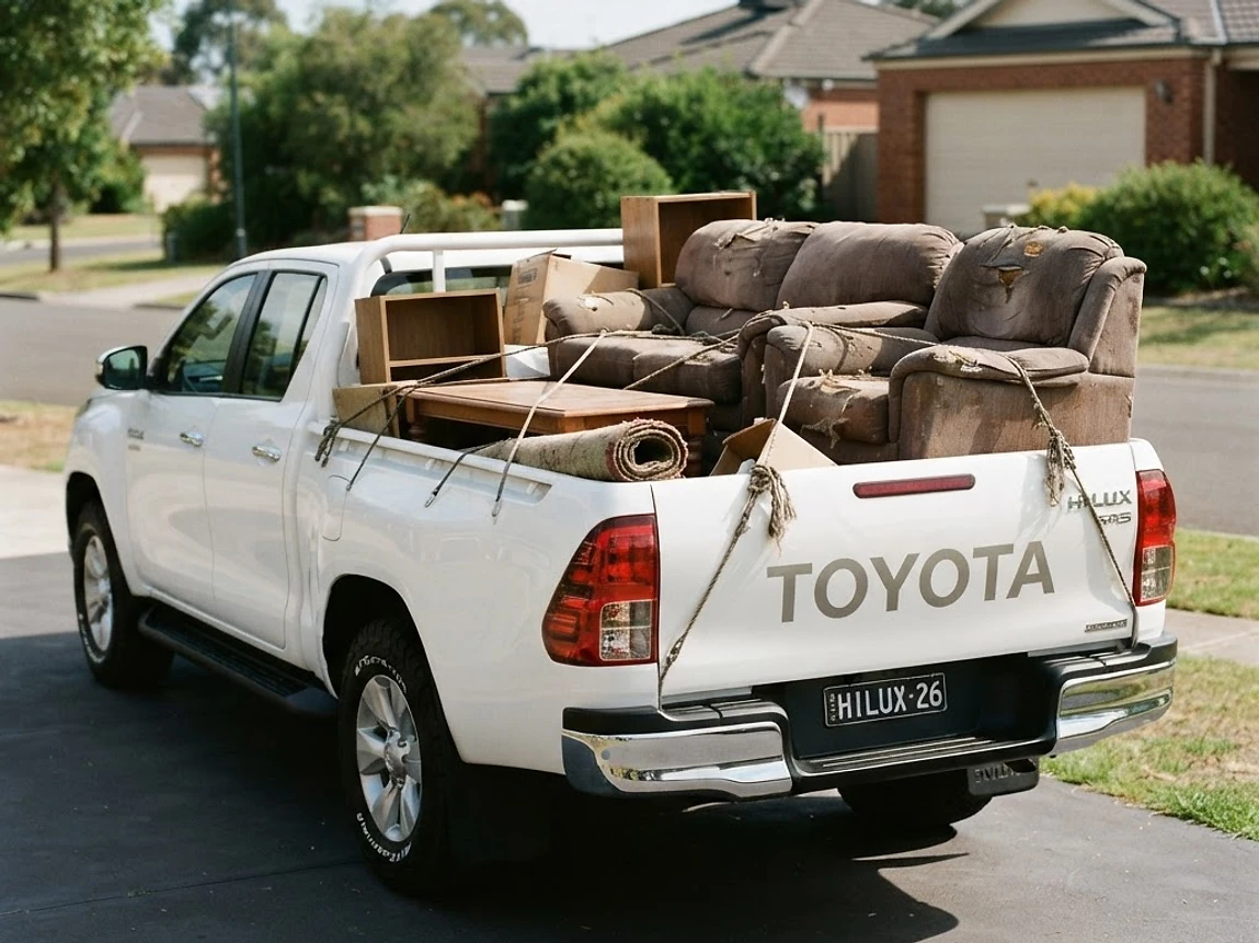 Old lounge suite, recliner and timber furniture strapped into a ute tray for removal