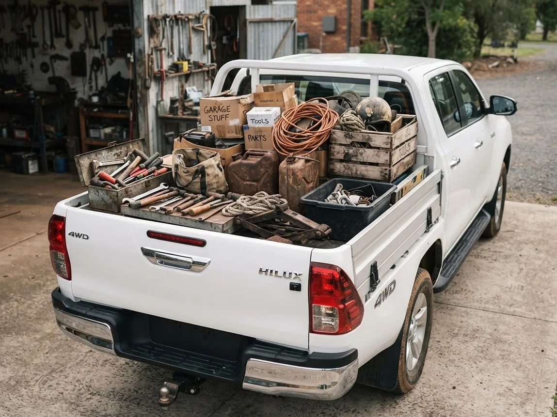 Ute tray filled with tools, crates and boxes cleared out of a garage and shed