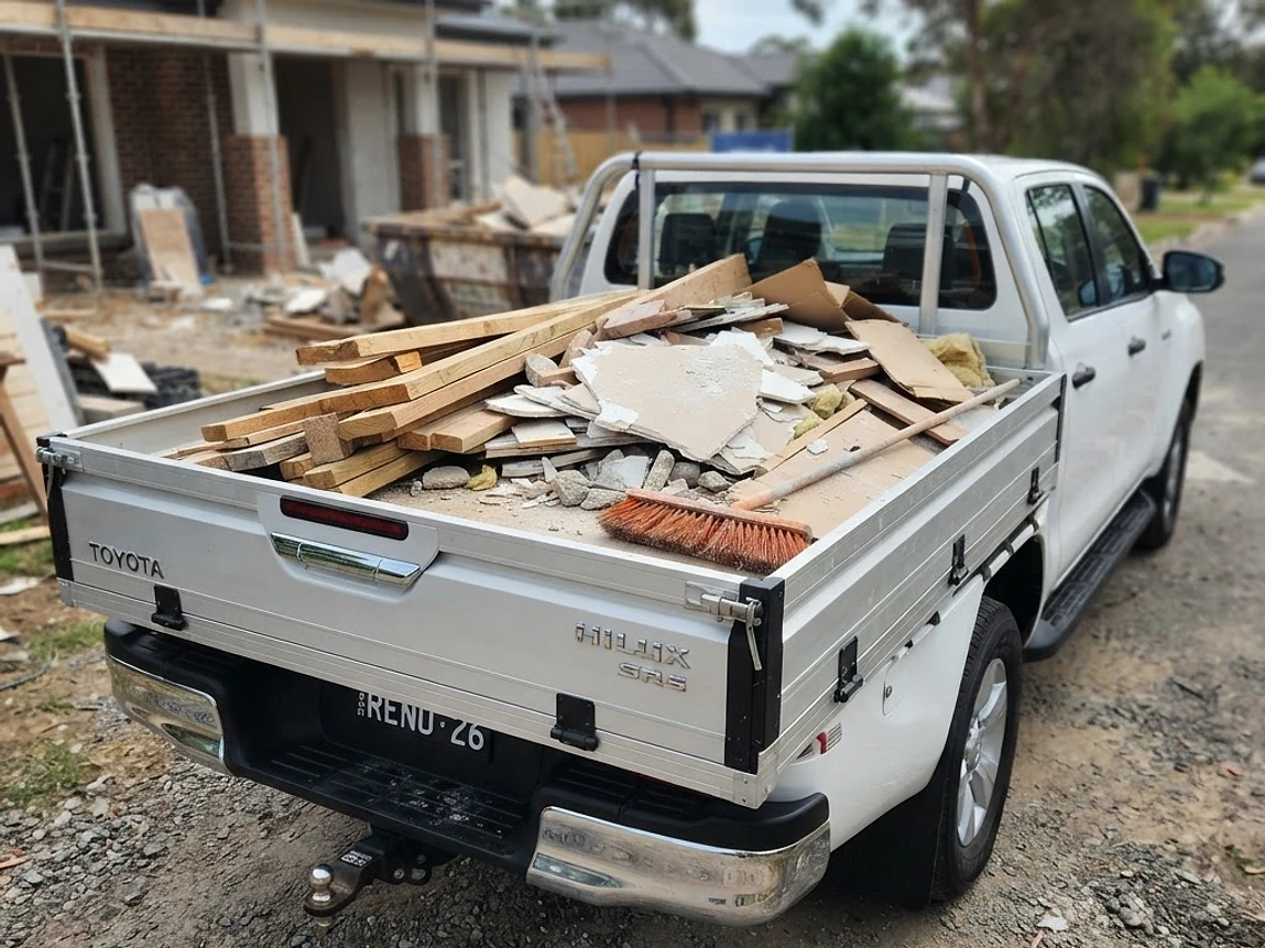 Ute tray of timber offcuts, plasterboard and renovation rubble on a building site