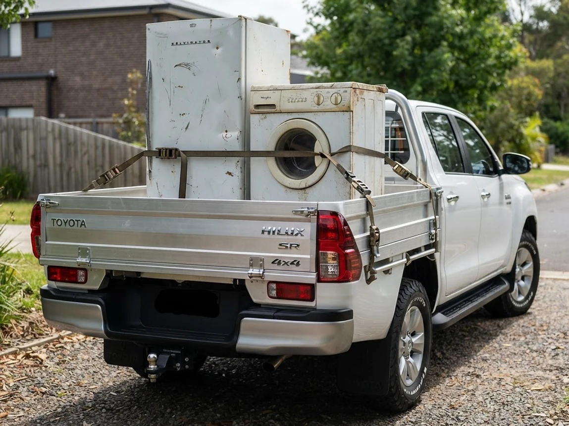 Old fridge and washing machine strapped upright in a ute tray for appliance removal