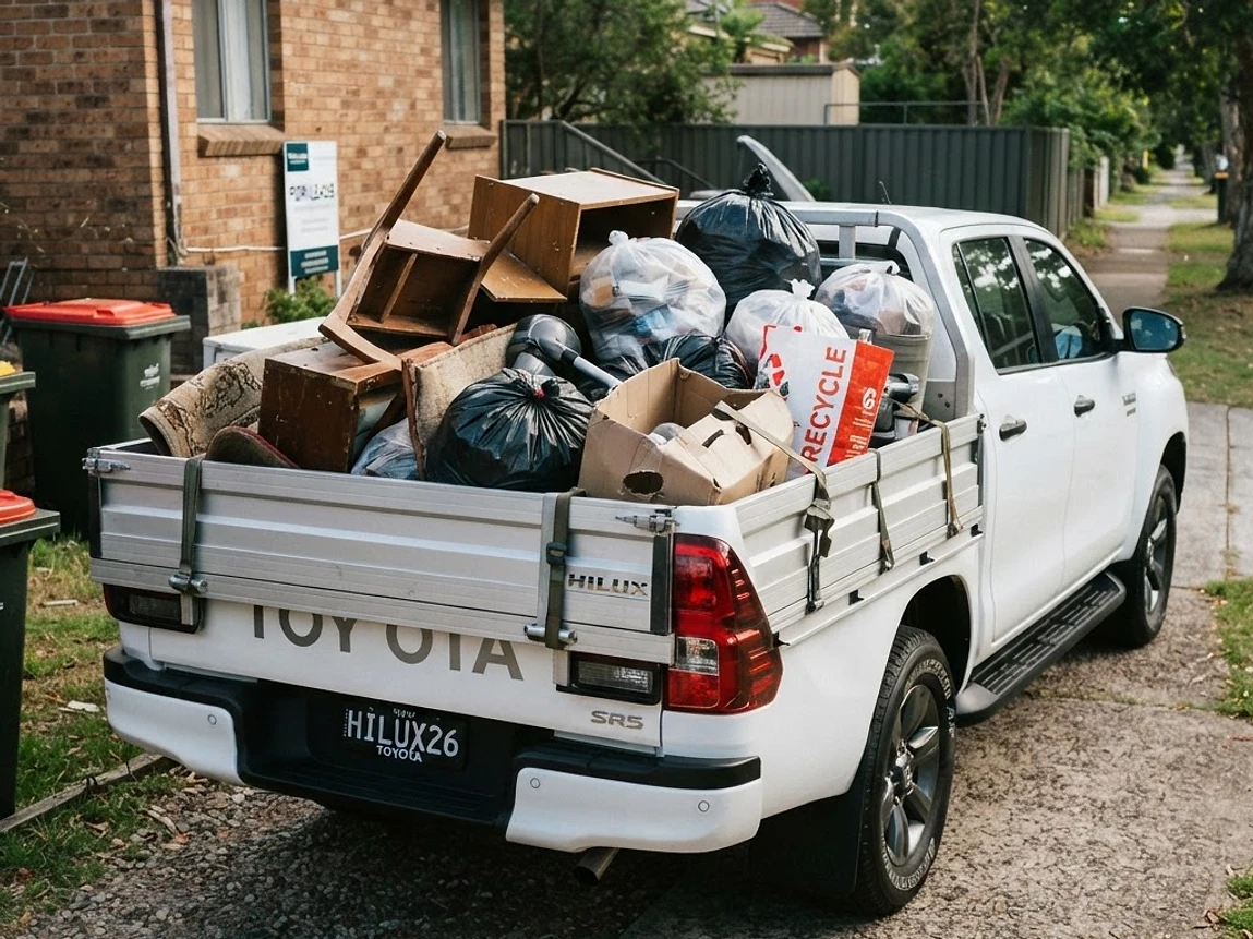 Ute stacked with rubbish bags, furniture and boxes cleared from a rental property